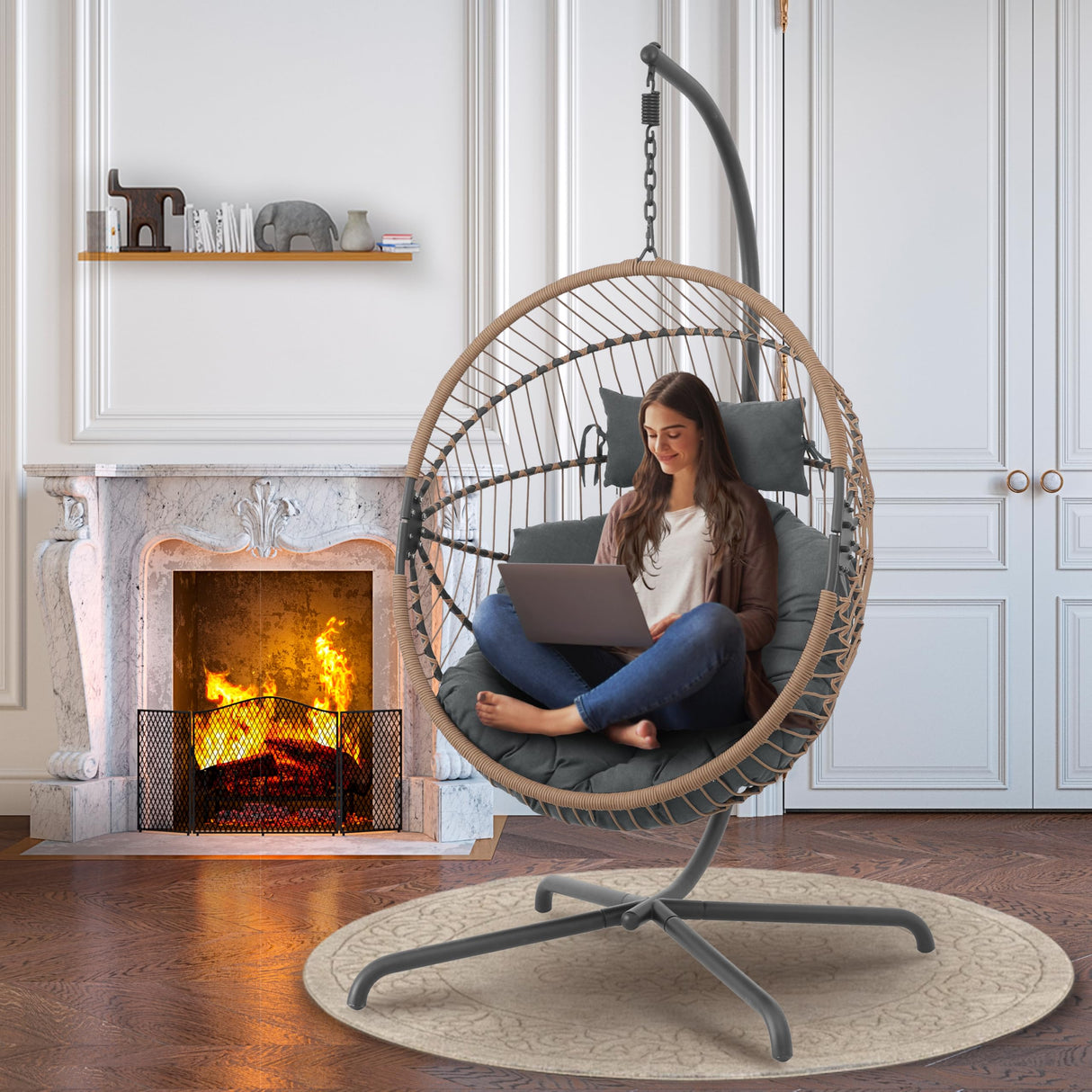 GREEN MORE Oversized Egg Swing Chair with Stand, Hanging Swing Chair, Foldable Hammock Chair with Steel Frame, 350LBS Capacity for Patio Garden Bedroom, Beige GREEN MORE