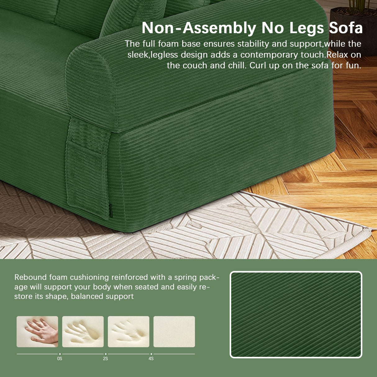 83" Modern Sofa in a Box, No Assembly Oversized 3 Seater 28" Deep Seat Cloud Sofa Bed Couch with 4 Furry Pillows & Corduroy Fabric, Boneless Couch with Side Storage Pockets for Living Room, Green Zyerch