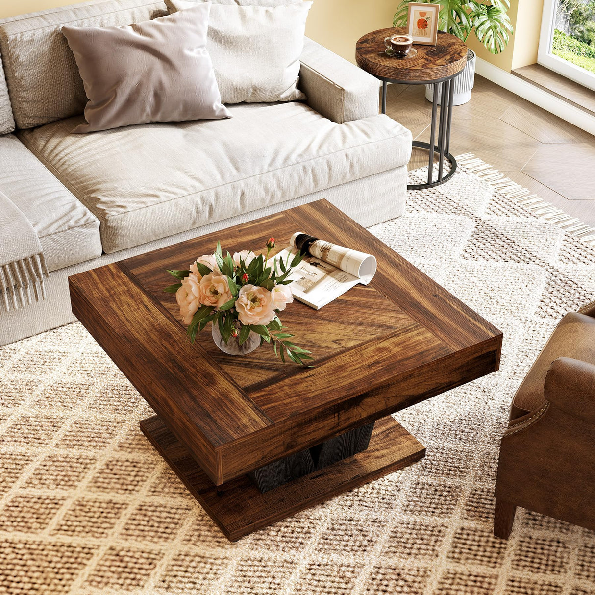 LITTLE TREE Square Coffee Table, Modern Rustic Coffee Table for Living Room, Wooden Table with Adjustable Feet, Brown LITTLE TREE