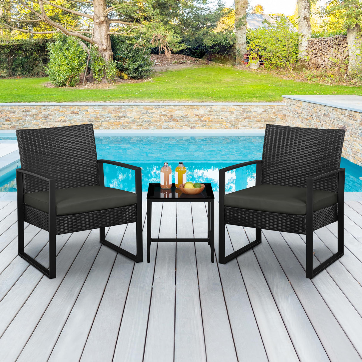 Yaheetech 3 Pieces Rattan Bistro Set, Indoor/Outdoor Wicker Patio Modern Conversation Furniture, 2 Chairs & Tempered Glass Coffee Table for Garden, Balcony, Backyard, Poolside, Black/Gray Yaheetech