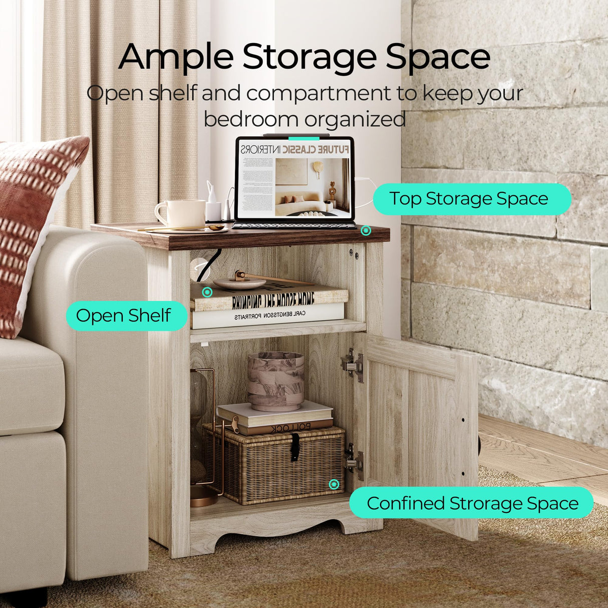 LINSY Farmhouse Night Stand Set of 2, 18.9” Wood End Table with Charging Station, Side Table for Bedroom, Living Room, Couch with USB Ports and Outlets, Nightstand with Storage, Beige LINSY