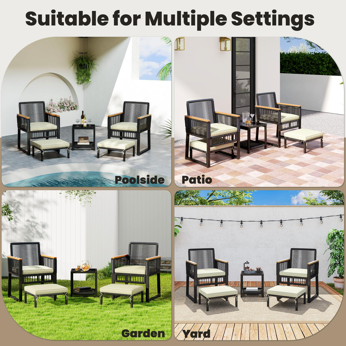 Yaheetech 5-Piece Outdoor Conversation Set, Wicker Rattan Patio Furniture Set w/Rattan Armchairs, 2-Layer Side Table, Ottomans, Acacia Wood Armrests & Metal Frame for Backyard, Porch, Balcony Yaheetech