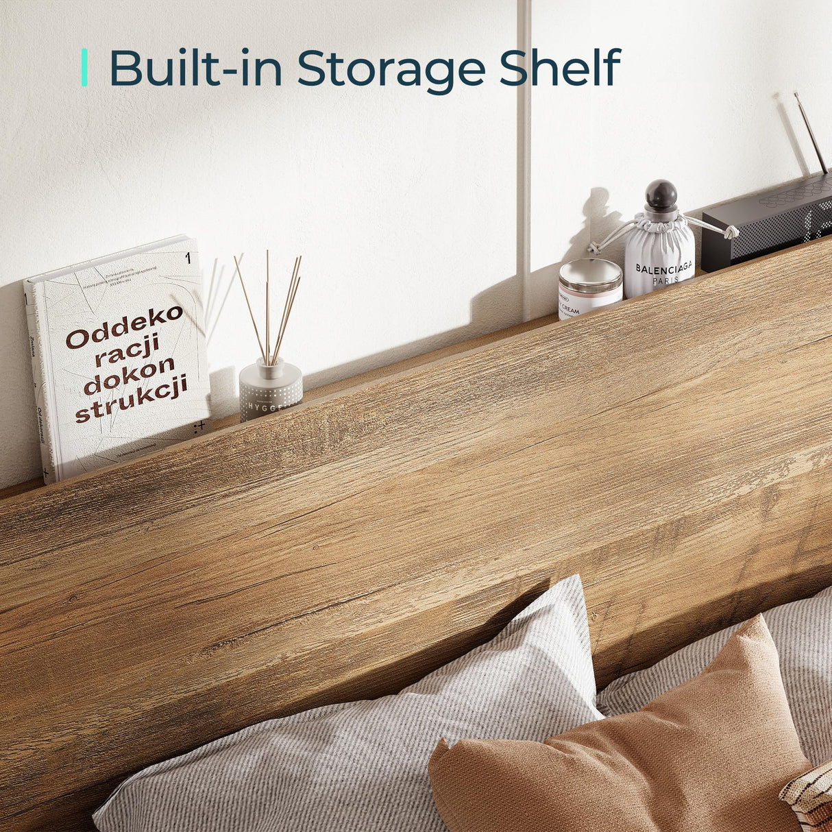 LINSY Wood Full Size Bed Frame with Ergonomic Headboard, Farmhouse Beds Frame Full with Storage Shelf, 45-Min Fast Assembly Wood Bed Full, Noise-Free, No Box Spring Needed - Brown LINSY