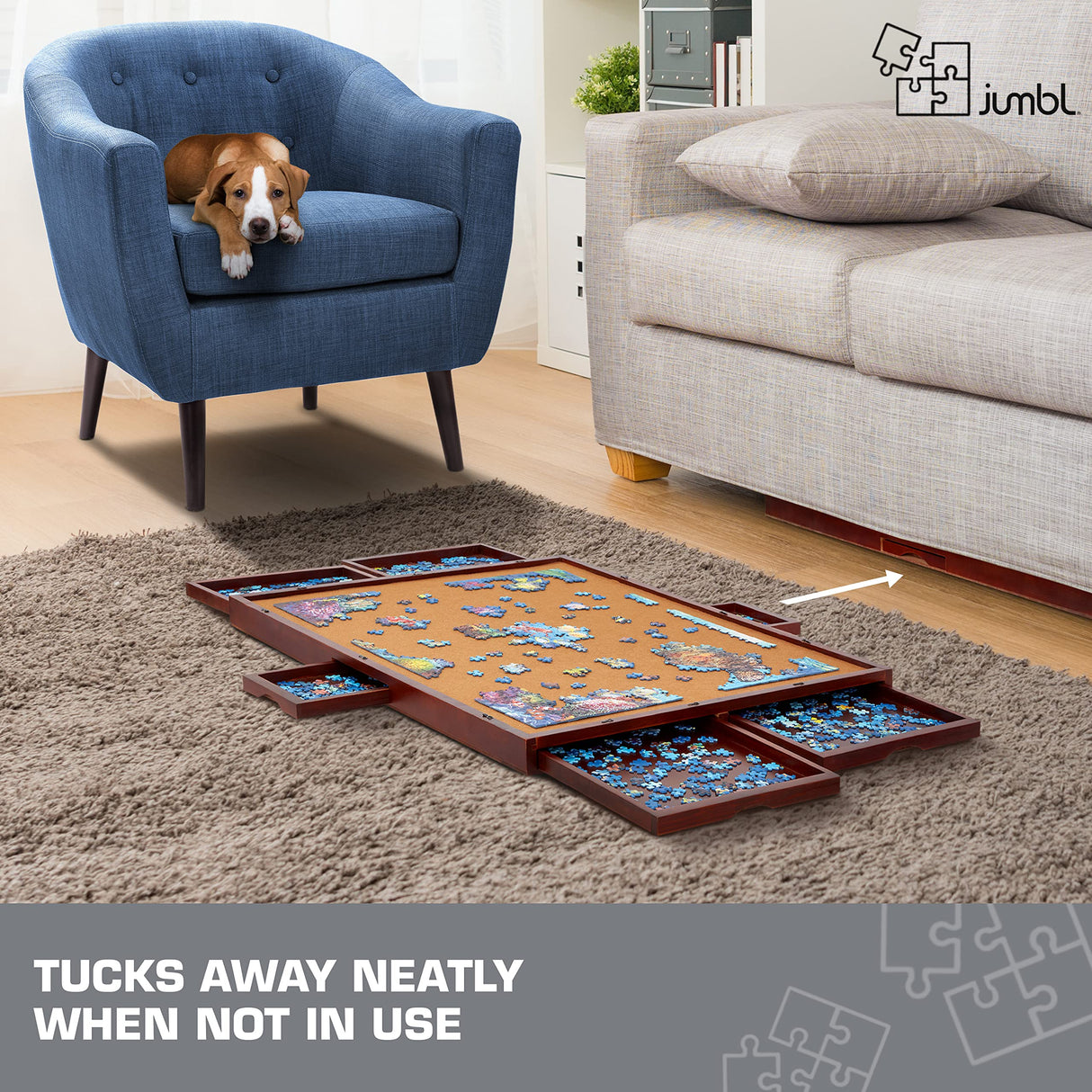 Jumbl Premium 1500-Piece Puzzle Board w/Felt Surface, 6 Removable Sorting Drawers, Interlocking Cover | 27" x 35" Wooden Jigsaw Puzzle Table | Reinforced Hardwood Construction Jumbl