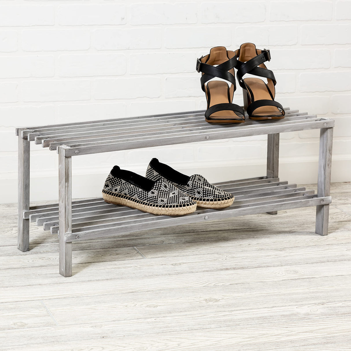 Honey-Can-Do 2-Tier Wood Shoe Rack, Grey SHO-08413 Grey Honey-Can-Do