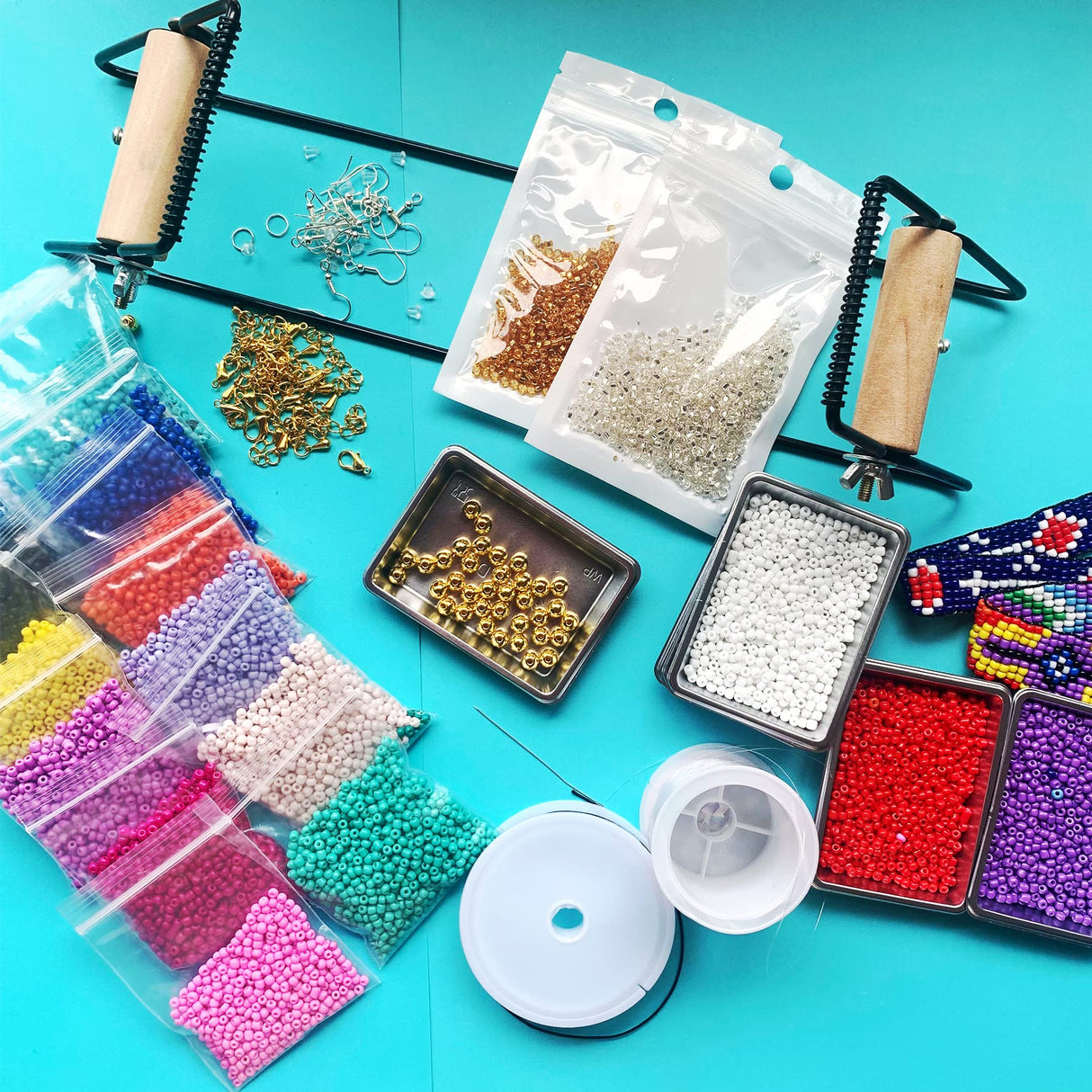 Frame Bead Loom Kit for Beaded Bracelets Earrings Belts Making, Include 17250 Seed Beads 3mm 18 Colors and 150 Meter Clear String, Beading Trays, Needles, with Instruction, DIY Boho Jewelry SISITARIA