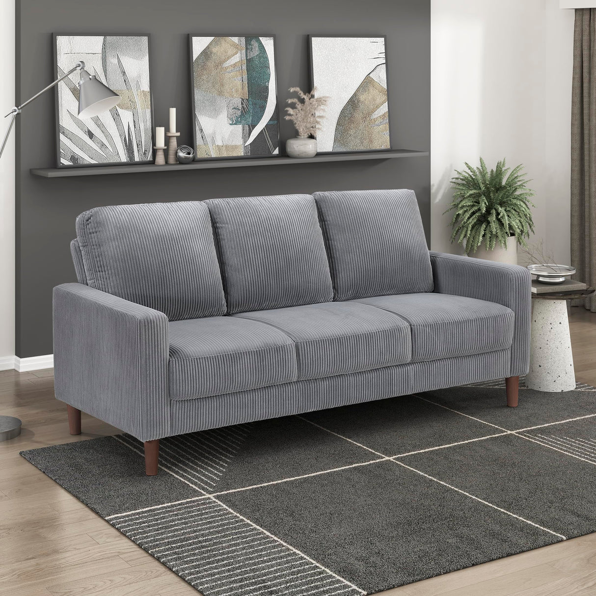 Lexicon Modern Sofa, Corduroy Fabric Upholstered Living Room Sofa, Couch with Brown Legs, Track Arms, Comfy Couch for Living Room/Bedroom/Apartment, 3-Seater, Gray Lexicon