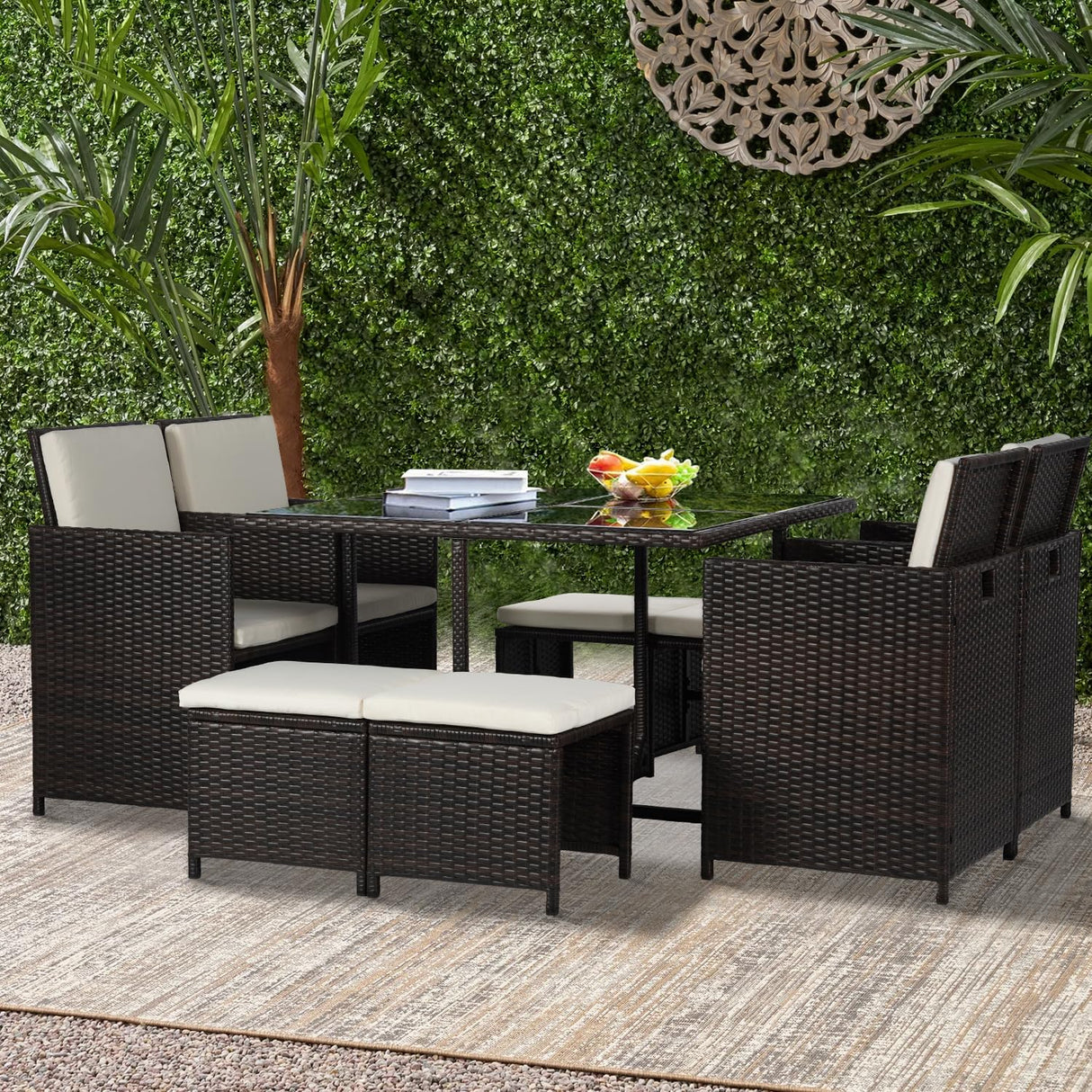 Outdoor Patio Furniture Set 9 Pieces Patio Dining Sets Space Saving Wicker Furniture with 4 Rattan Chairs 4 Ottomans and Glass Table for Outdoor Backyard Porch Poolside Balcony,Khaki Cushion PayLessHere