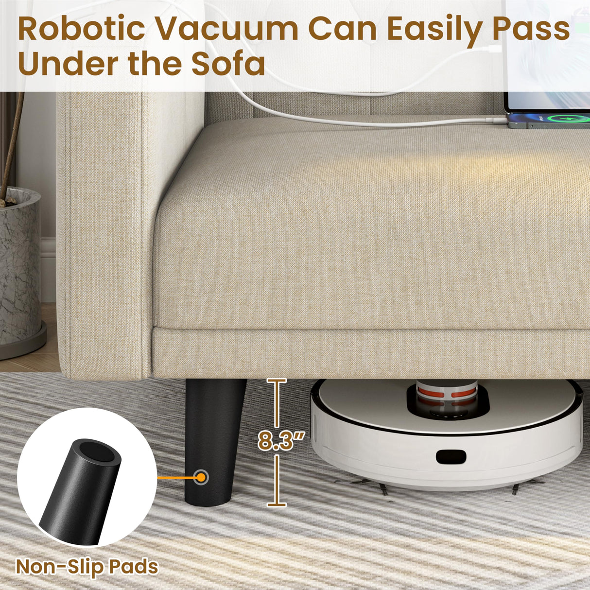 Yaheetech 63" Convertible Couch Small Futon Sofa Bed with 2 USB Ports, Reclining Backrest & Removable Armrests, Mid Century Modern Loveseat for Living Room, Apartment, Office, Beige Yaheetech