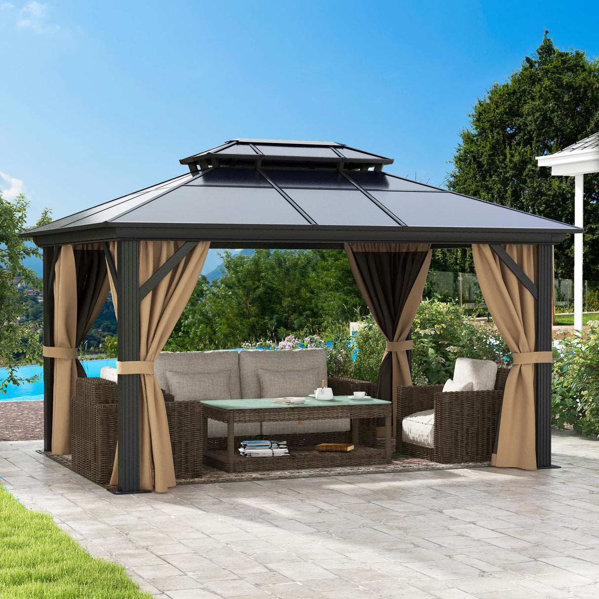 DWVO 10x12ft Hardtop Gazebo Double Roof Polycarbonate Canopy Outdoor with Netting and Shaded Curtains, Aluminum Frame Garden Tent for Patio, Backyard, Deck and Lawns, Brown DWVO