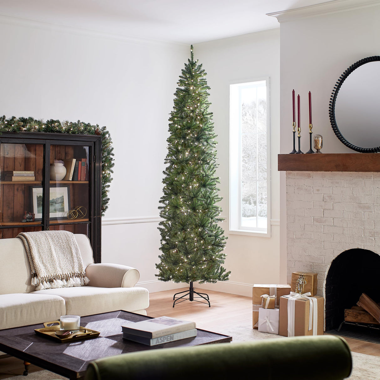 National Tree Company Artificial Pre-Lit Slim Christmas Tree, Green, Kingswood Fir, White Lights, Includes Stand, 9 Feet National Tree Company