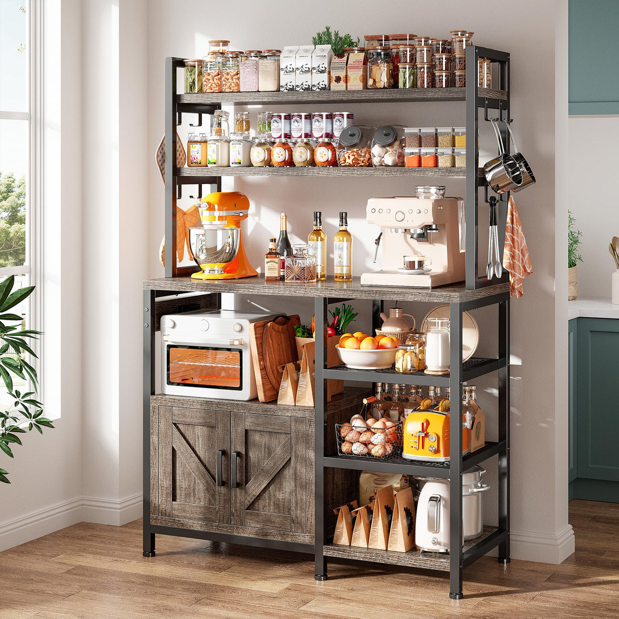 EnHomee Bakers Rack with Power Outlet, 6 Tier Coffee Bar with Storage Cabinet, Microwave Stand with Side Hooks, Utility Shelf for Kitchen EnHomee