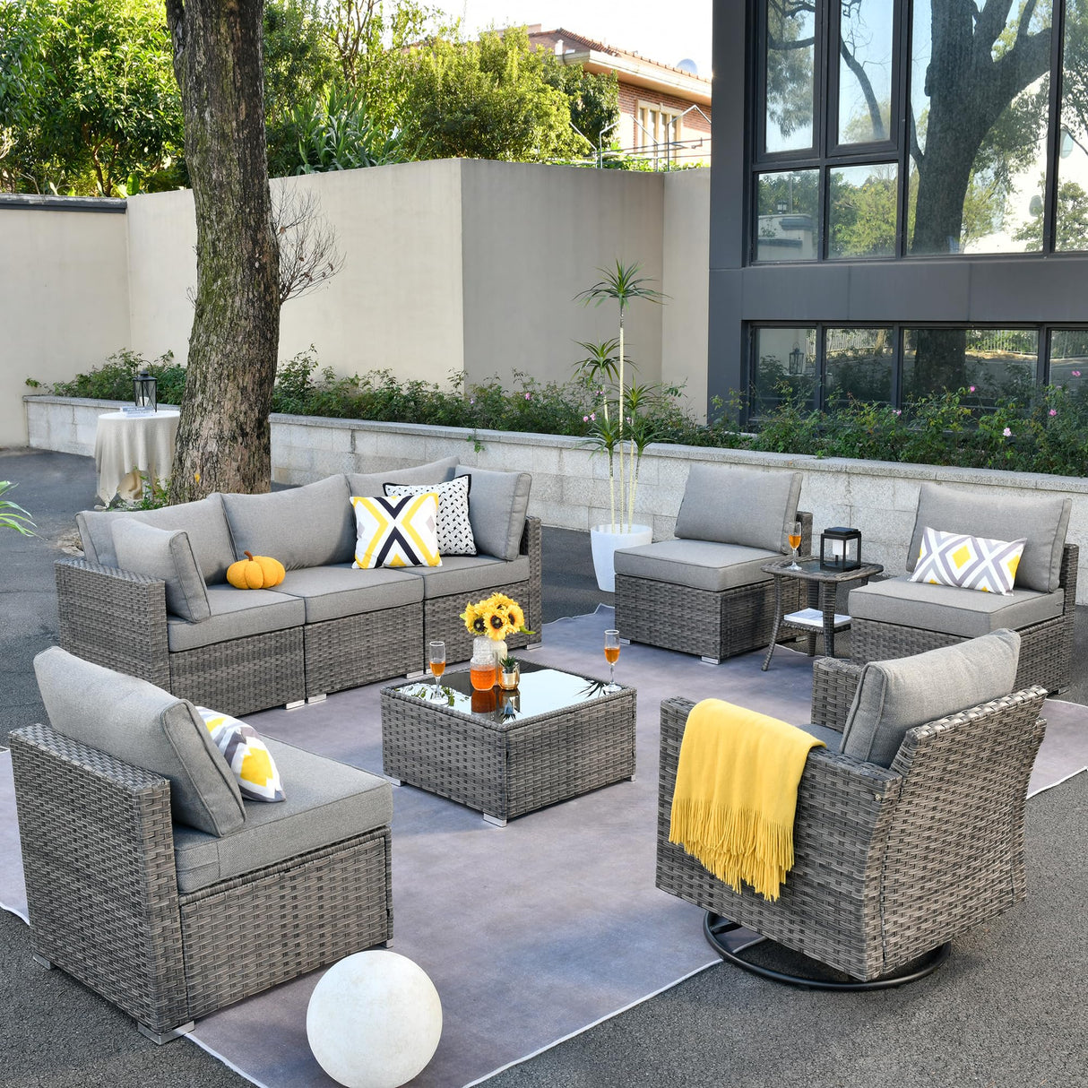 ovios Outdoor 9 Piece Coversation Set with Swivel Rocking Chair,Sectional Patio Furniture Set with All-Weather Wicker Sofa,Modern Outside Couch for Balcony Backyard Pool, Dark Grey ovios
