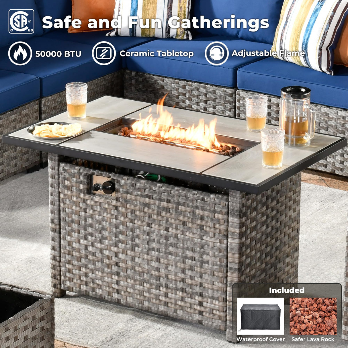 ovios 9 Pieces Patio Furniture Set, Outdoor Wicker Sectional Sofa with 42" Fire Pit Table Swivel Chair, Modern Modular Deep Seat Rattan Couch Conversation Sets, Navy Blue ovios