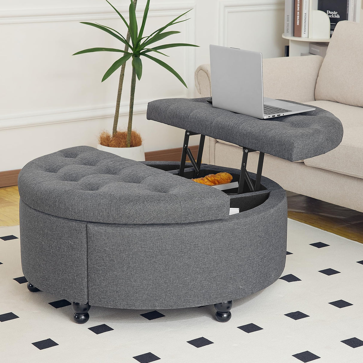 Redlife 35" Wide Round Ottoman with Storage, Storage Ottoman Coffee Table, Tufted Round Ottoman Coffee Table Linen Fabric Round Coffee Table Ottoman with Storage (Dark Grey) Redlifeᅟᅠ