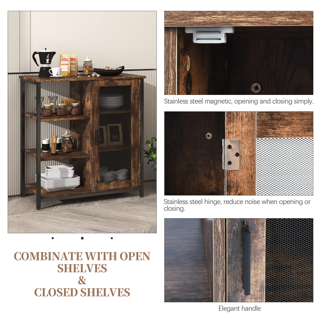 LVSOMT Industrial Farmhouse Buffet Cabinet with Storage and Adjustable Shelves - Brown Coffee Bar Table LVSOMT