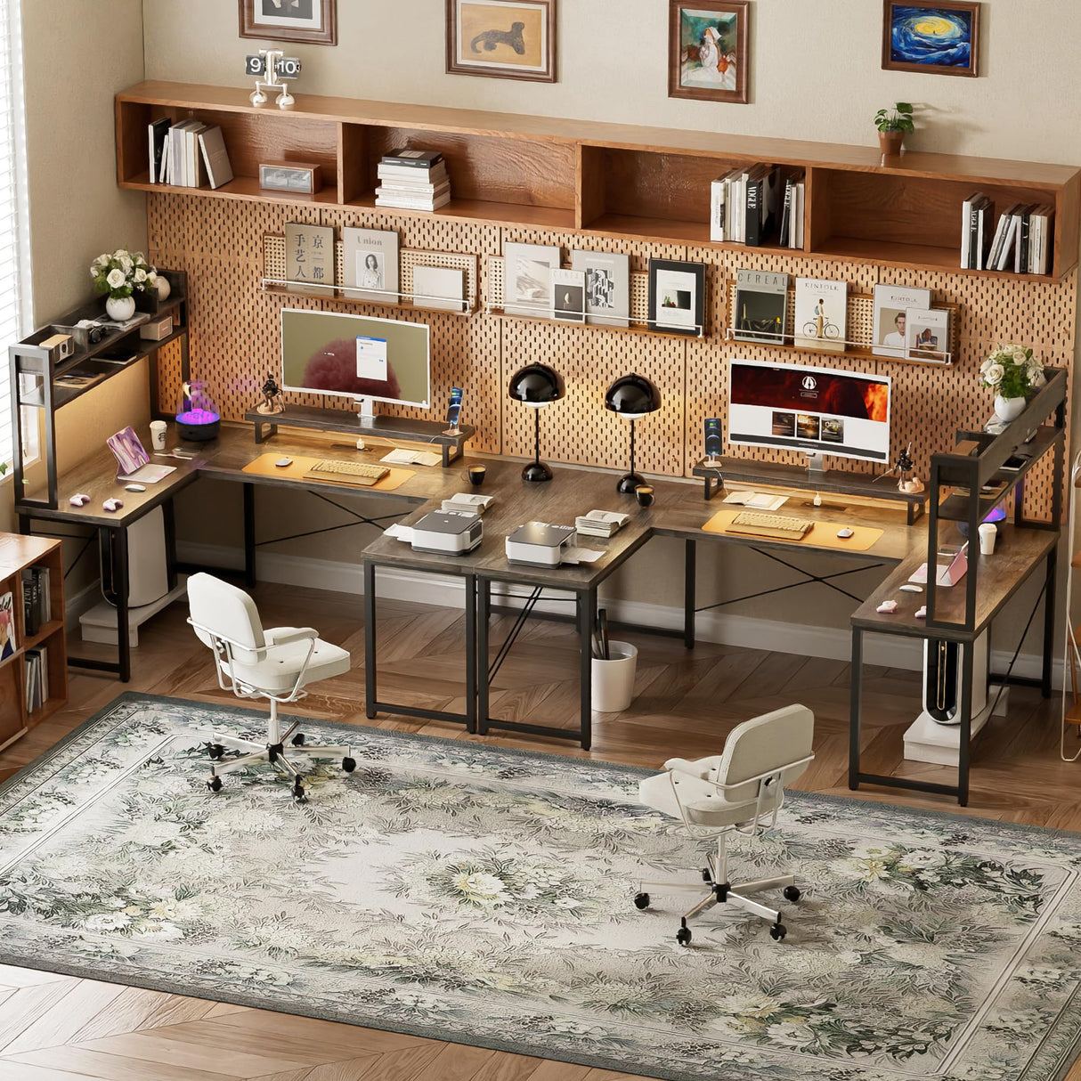 Unikito DIY U Shaped Computer Desk with Hutch, Reversible L Shaped Office Desk with Power Outlets and LED Strip, Customizable Large 98 Inch L Shape Gaming Corner Desk with Monitor Stand, Black Oak Unikito