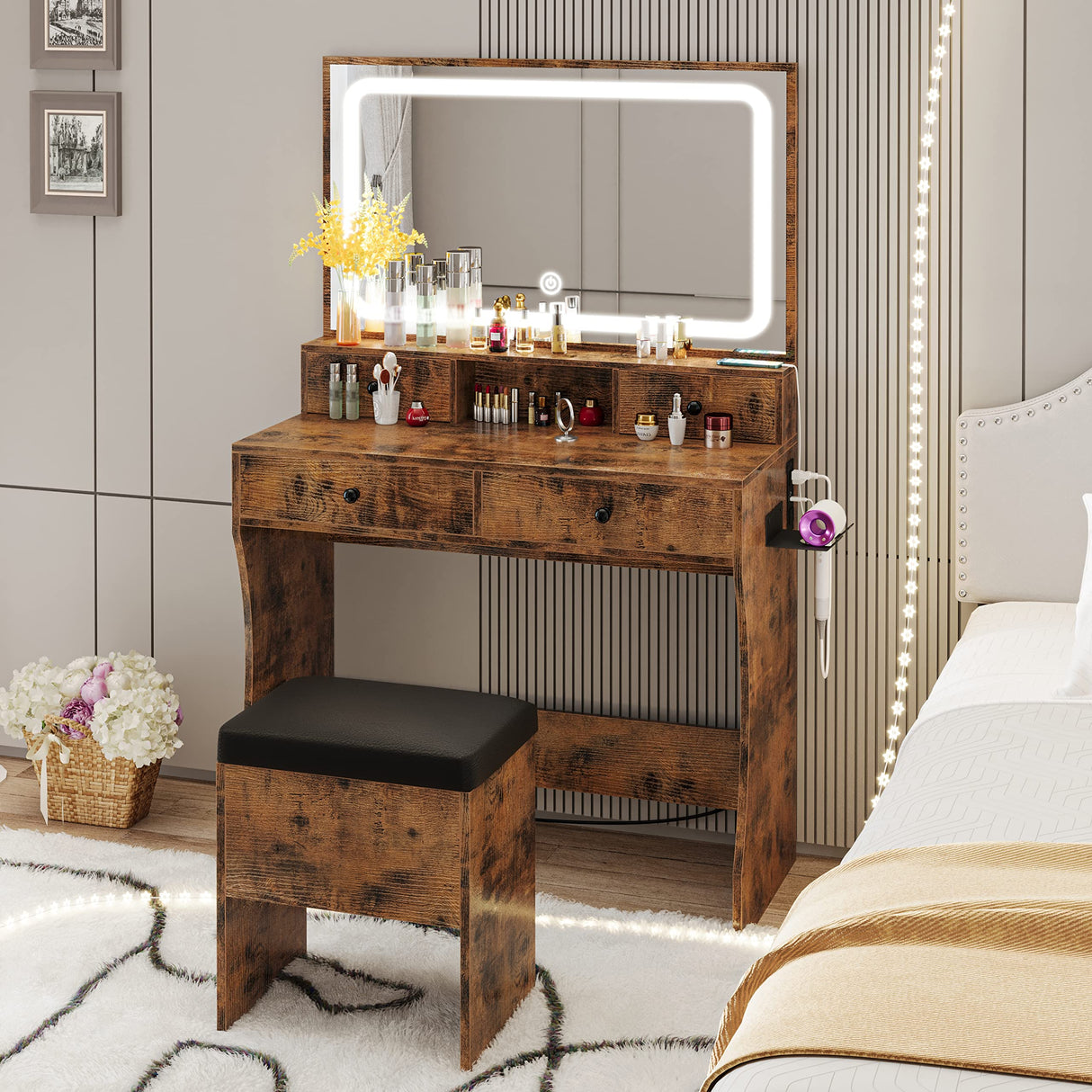 LIKIMIO Vanity Desk with LED Lighted Mirror & Power Outlet & 4 Drawers, Dressing Makeup Table Set with Storage Stool and Hair Dryer Stand, Vintage LIKIMIO