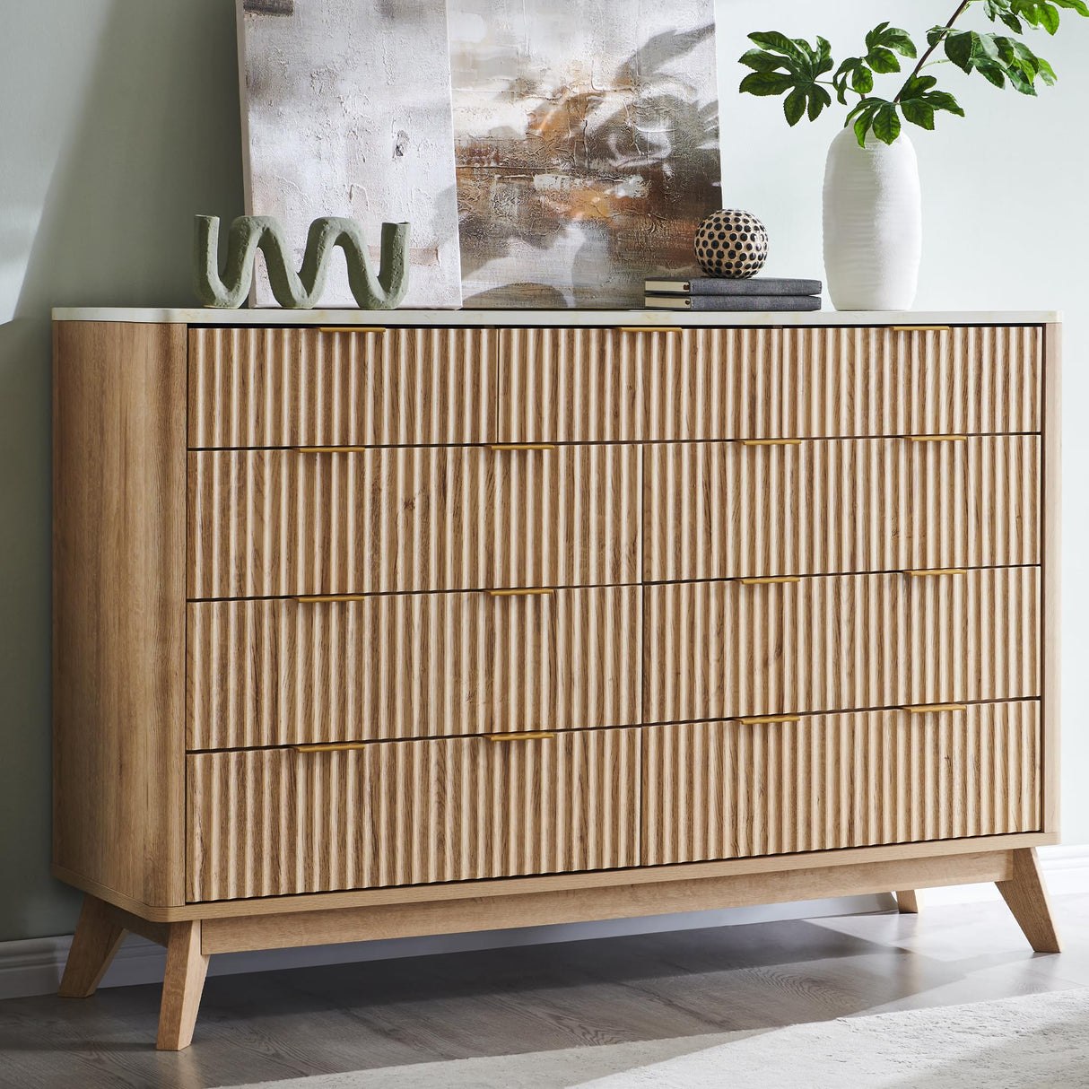 T4TREAM Fluted 9 Drawer Dresser, Modern Chest of Drawers with Faux Marble Top, Curved Profile Design, Dresser TV Stand, Wood Drawer Organizer for Bedroom, Living Room, Hallway, Natural Oak T4TREAM