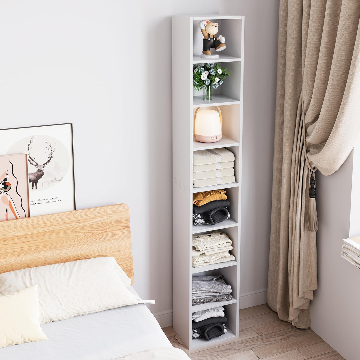 Bamjoy 71 Inches Tall Narrow Bookshelf, 8-Tier CD DVD Slim Media Tower Rack, Corner Bookcase with Adjustable Shelves, Skinny Cubes Bookshelves for Home Office Small Space, White Bamjoy