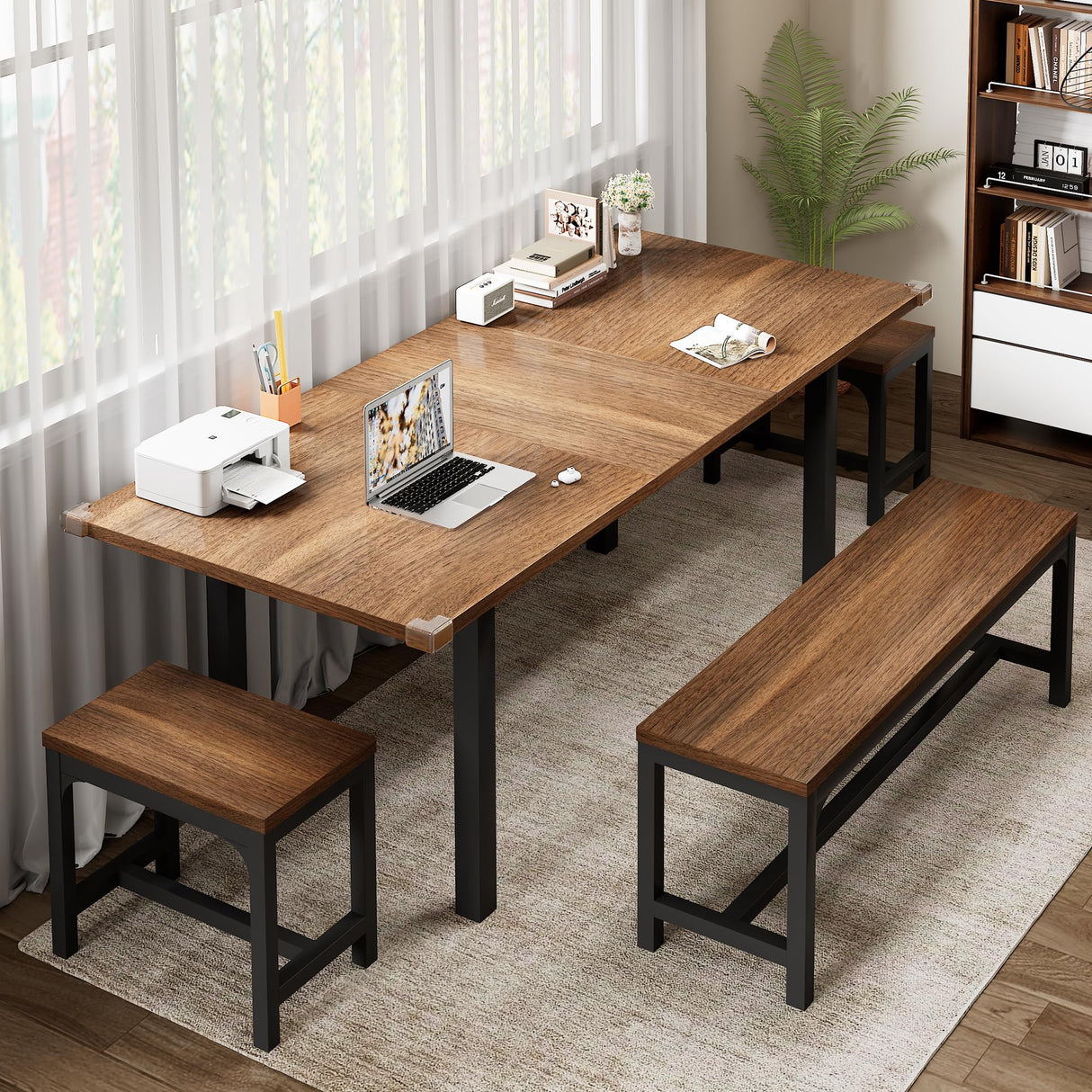 Feonase 5-Piece Dining Table Set for 4-8 People, 63" Extendable Kitchen Table with 2 Benches and 2 Square Stools, Mid-Century Modern Wooden Dining Room Table, Space-Saving, Walnut Feonase