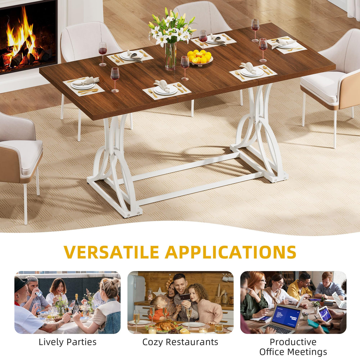 DWVO 70.3" Large Modern Dining Table for 6-8 People, Rectangular Walnut Kitchen Dining Room Table with Thick Tabletop and White Geometric Metal Legs, Farmhouse Wood Dinner Tables DWVO