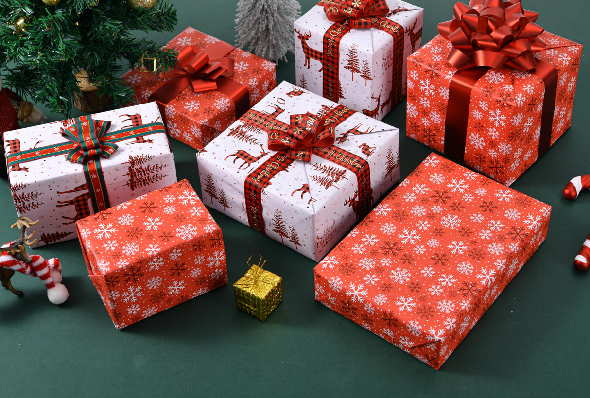 Sikiweiter Christmas Wrapping Paper Rolls -Mini Roll 17 Inch X 33 Feet - Reversible Plaid Reindeer and Snowflake Design Wrapping Paper(Christmas) Sikiweiter
