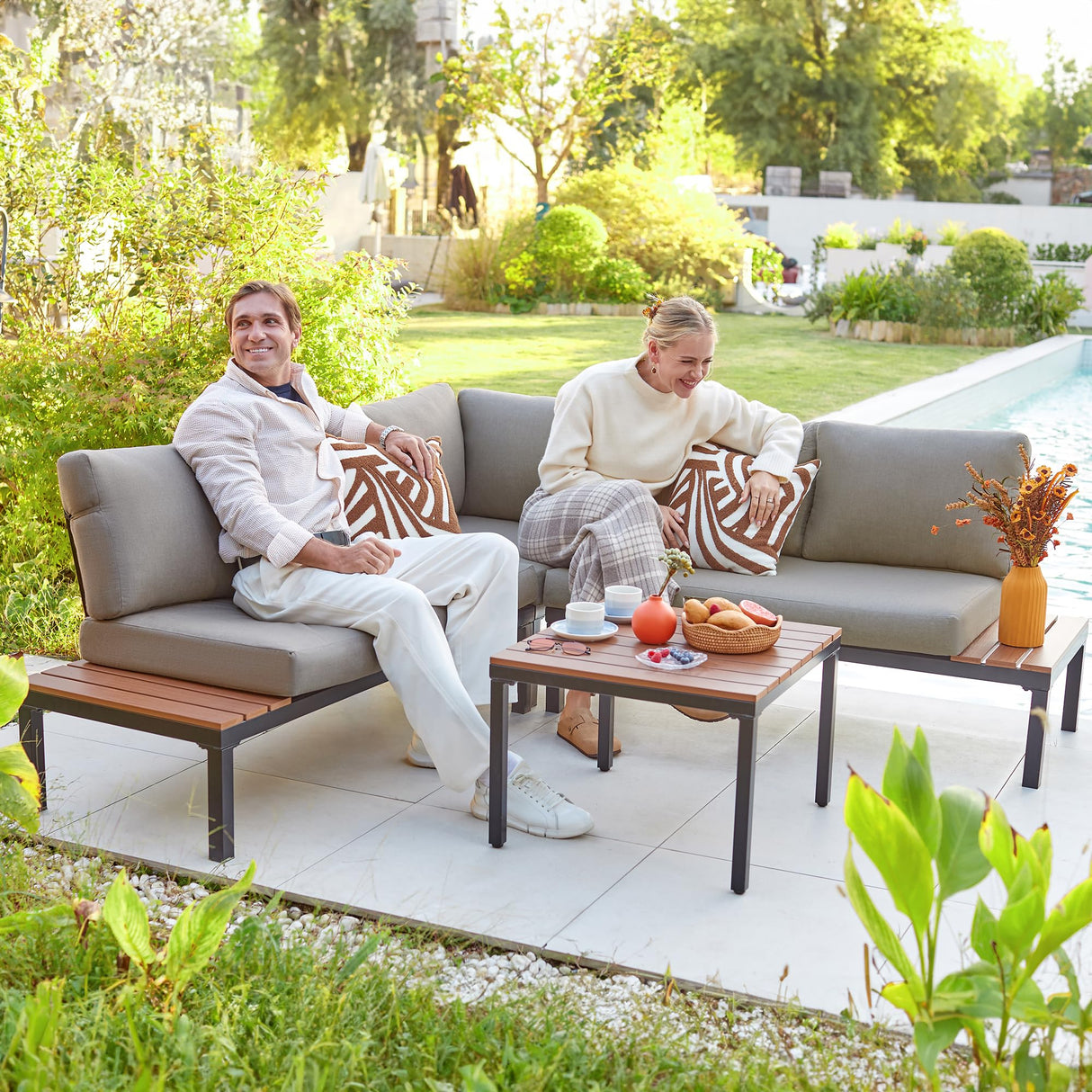 NATURAL EXPRESSIONS Patio Furniture Sets, Metal Outdoor Sectional L Shape Corner Sofa Outdoor Couch with Detachable Backrest,3 Fauxwood Tables,Black Frame,Shale Olefin Cushions for Yard,Garden NATURAL EXPRESSIONS