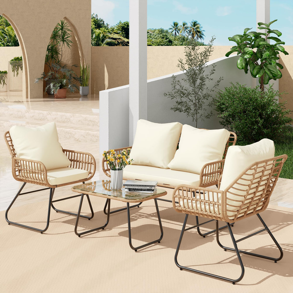 LEX CRAFT 4-Piece Outdoor Patio Furniture Set with Cushions & Tempered Glass Table, All-Weather Rattan Bistro Set with Loveseat Chairs Table Soft Cushions for Garden, Porch, Backyard (Beige) LEX CRAFT