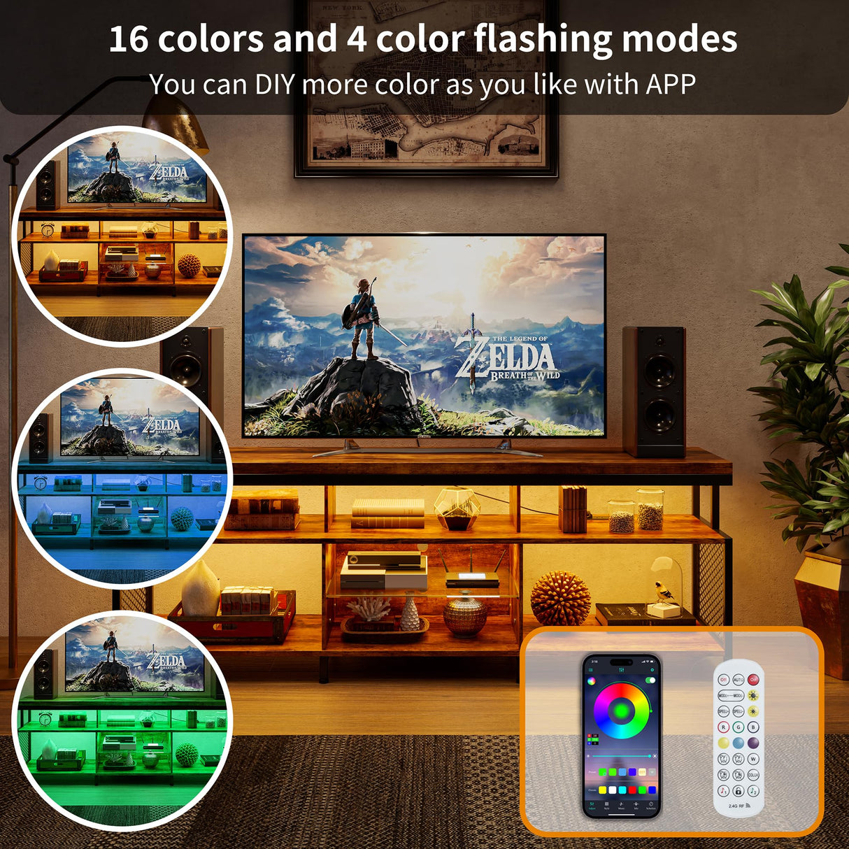 Algglobuy TV Stand for 65 75 Inch TV with LED Lights, Entertainment Center with Open Storage Tempered Glass Shelf & Power Outlets, Industrial TV Console Table for Living Room, Bedroom, Rustic Brown Algglobuy