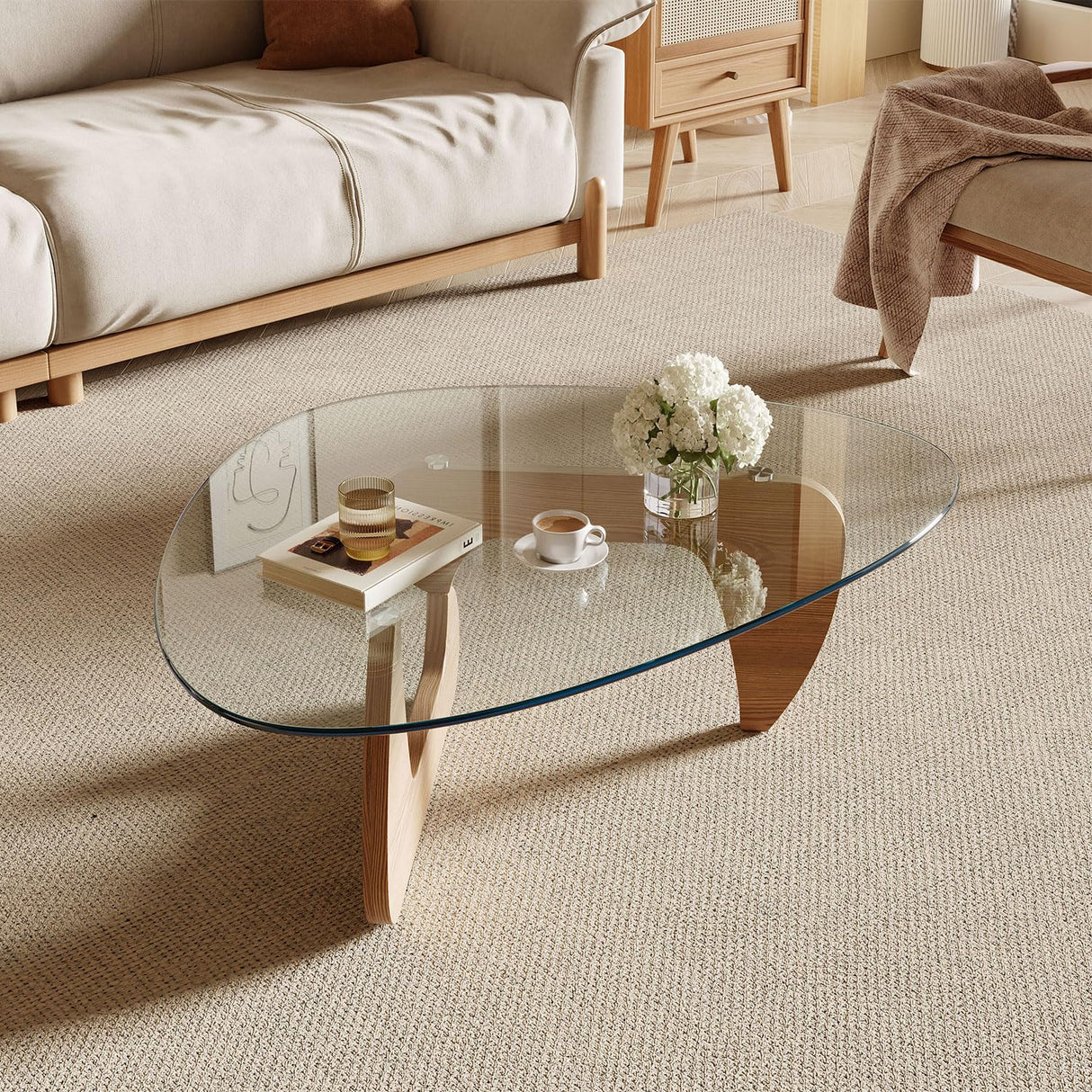 Miloyer Modern Coffee Table for Living Room and Small Spaces, 43.3" x 29.5" x 15.8" Triangle Tempered Glass Table Top and Eco-Friendly MDF Base, Natural Wood Miloyer