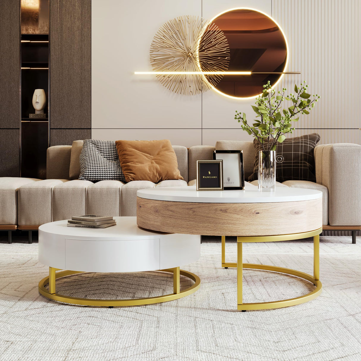Modern Round Lift-top Nesting Coffee Tables with 2 Drawers for Living Room White & Natural Flieks