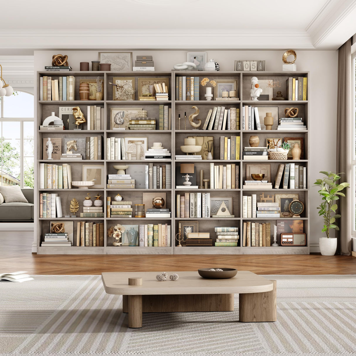 FACBOTALL Bookshelf and Bookcase, 6-Tier Double Wide Bookshelves, Freestanding Display Storage Shelves, Tall Bookcases for Home Decor Bedroom, Living Room, Home Office, Wash Gray FACBOTALL