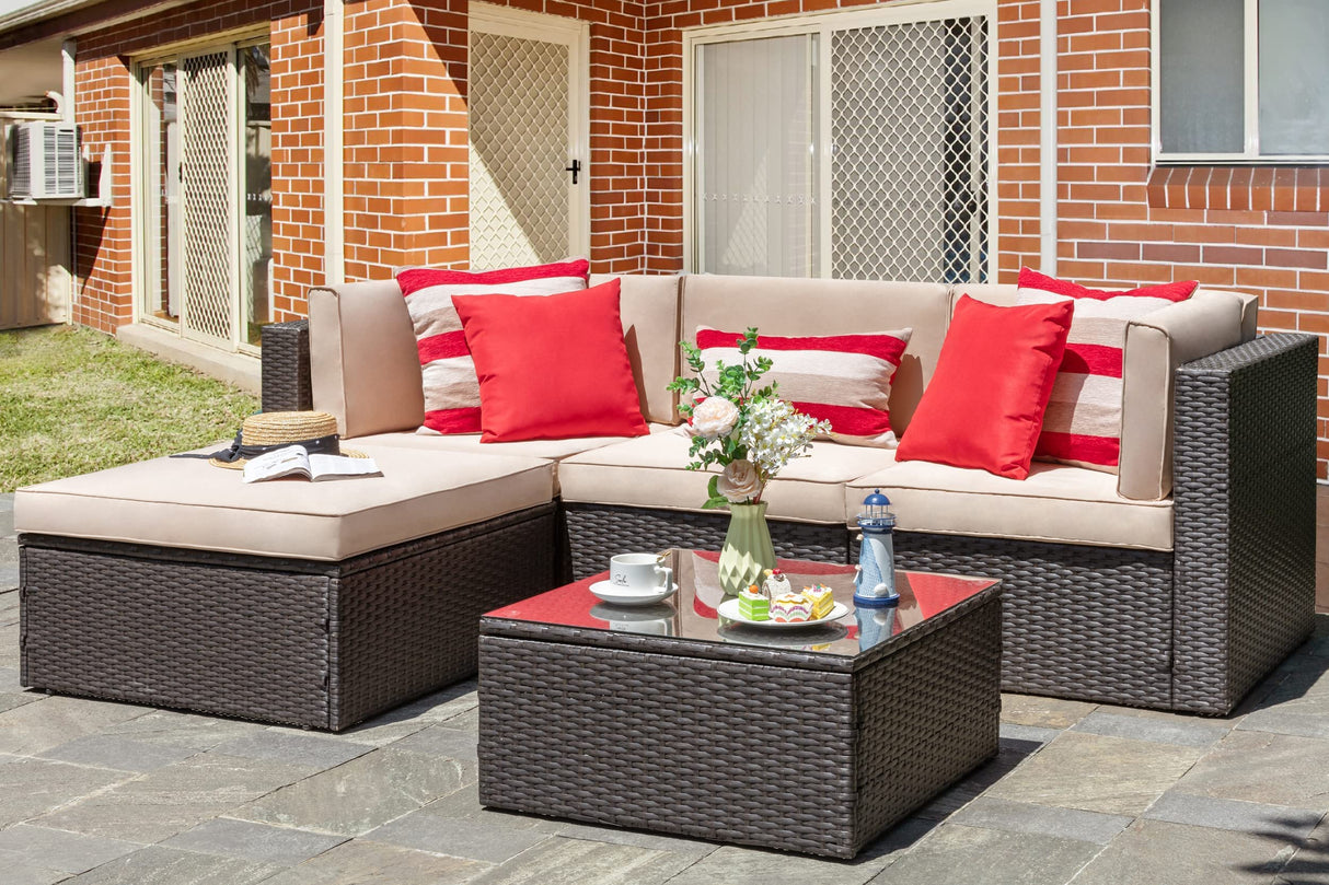 Vongrasig 5 Piece Patio Furniture Sets, All-Weather Brown PE Wicker Outdoor Couch Sectional Set, Small Conversation Set for Garden/Patio w/Ottoman, Glass Table, Red Pillow, Beige Vongrasig