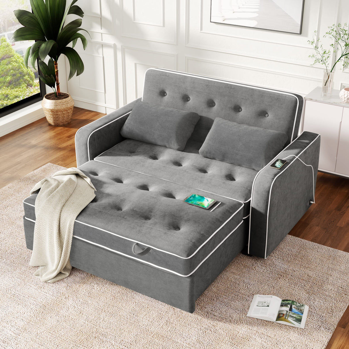 Merax Convertible Pull Out Sofa Bed, 65.7" Upholstered Sleeper Sofa with Dual USB Charging Port, Adjustable Backrest and 2 Pillows, Button Tufted Loveseat Couch for Living Room Bedroom, Charcoal Grey Merax