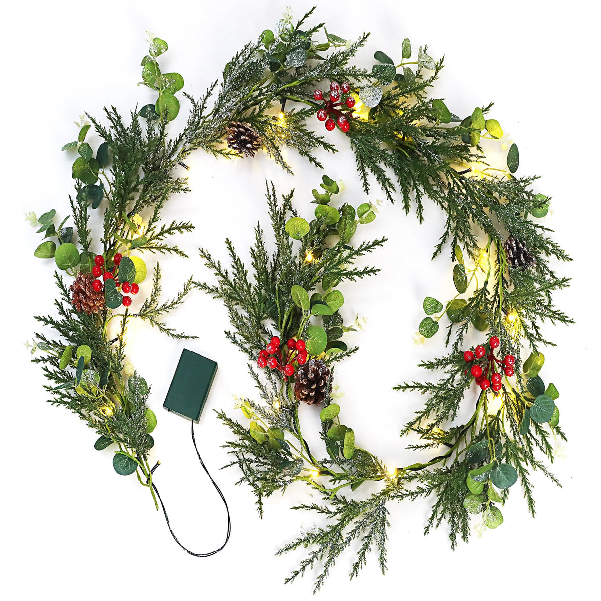 Brightown Pre-lit Christmas Garland with Lights, 6 Feet 20 LED Battery Operated Christmas Lights with Pine Cones, Berry, Eucalyptus Leaves, Indoor Christmas Decorations for Stairs, Fireplace, Door Brightown
