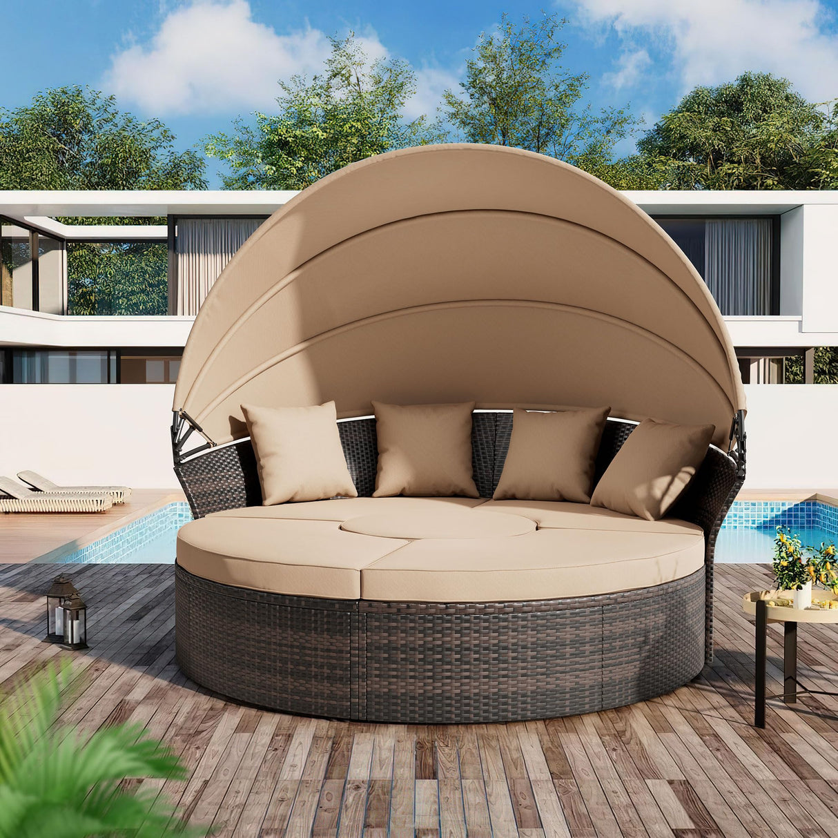 Crownland Round Outdoor Daybed with Retractable Canopy,Patio Daybed with Washable Cushions, Clamshell Sectional Seating, Wicker Furniture for Patio, Garden, Pool (Light Brown) Crownland