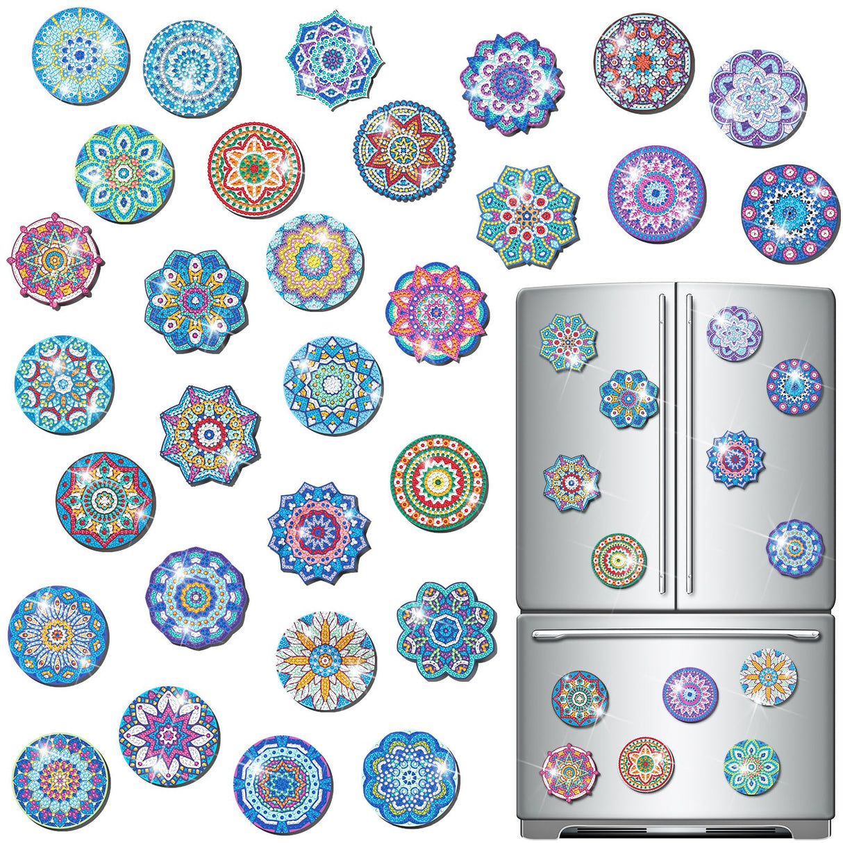 Frienda 30 Pcs Diamond Painting Refrigerator Magnets Spring Diamond Art Magnet Kits for Adults Summer Mandala Flower Cat Fridge Stickers for Beginners Adults Kids DIY Craft Gifts Home Decors(Mandala) Frienda