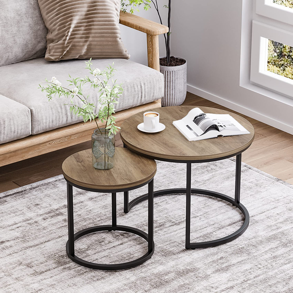 Smuxee Nesting Coffee Table Set of 2, 23.6" Round Coffee Table Wood Grain Top with Adjustable Non-Slip Feet, Industrial End Table Side Tables for Living Room Bedroom Balcony Yard Smuxee