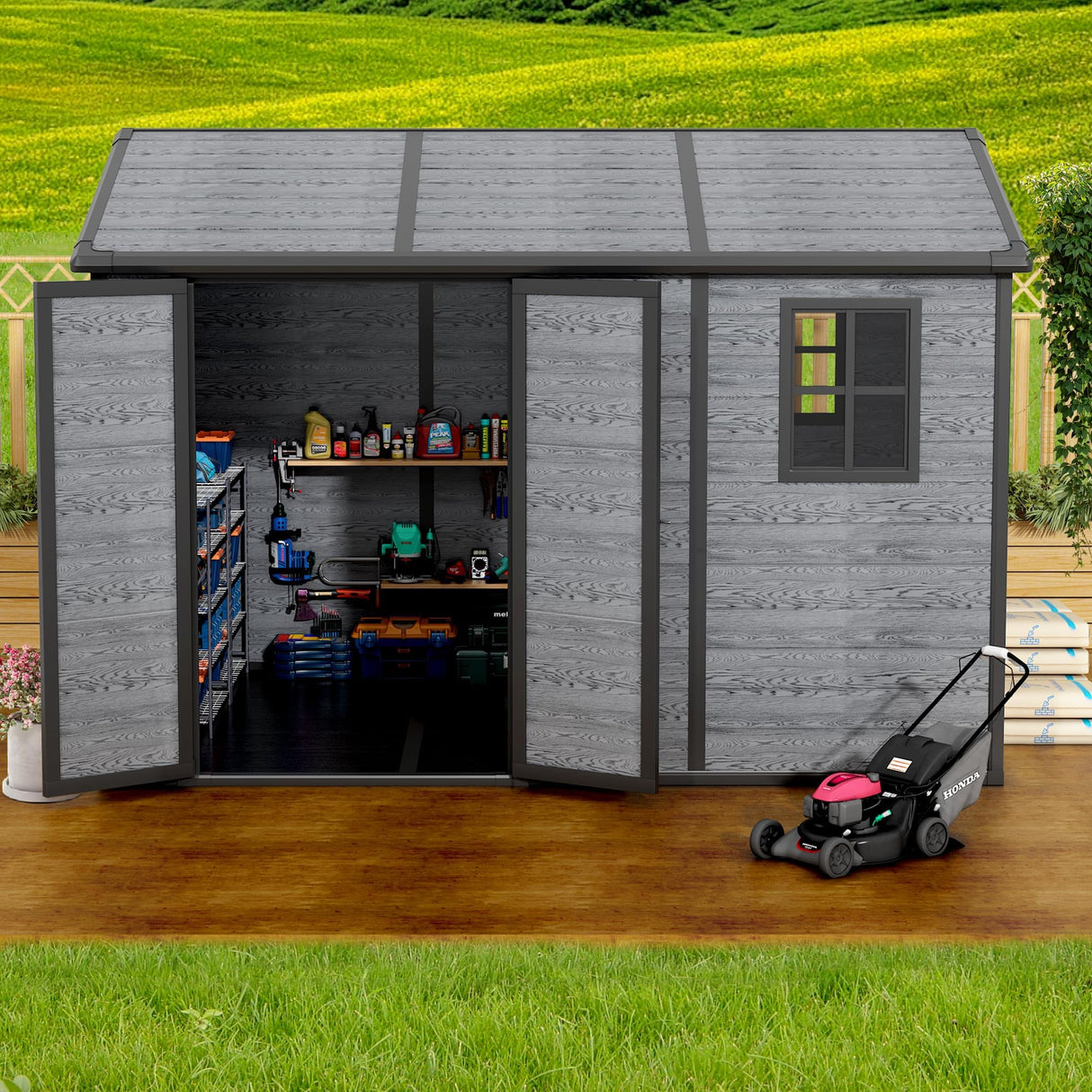 10x8 FT Resin Outdoor Storage Shed with Floor, Weather-Resistant Plastic Garden Shed with Windows, Lockable Door and Vents, Outside Tool Storage Sheds for Backyard, Garden, Lawn, Wood Grain Pipleo