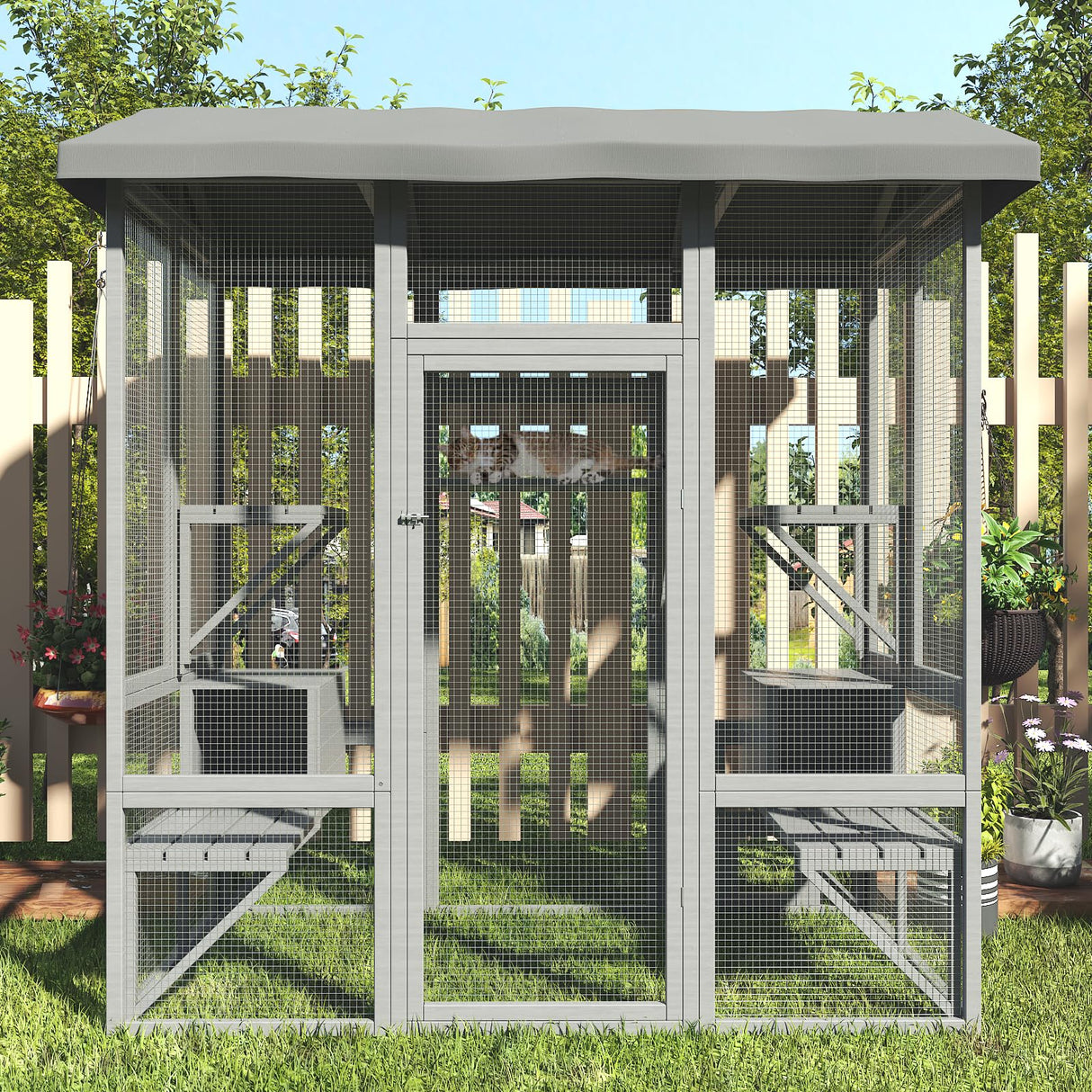 TIMHAKA Cat Catio, Large Cat House Outdoor, Outside Cat Enclosure with Sunshine Panel Roof and Waterproof Cover, Wooden Cat Cage with 7 Platforms & 2 Resting Box, Walk in Feral Cat Shelter, 72 inch TIMHAKA
