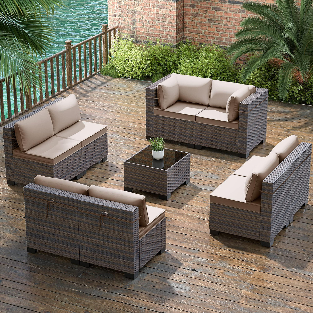 Gotland 9 Pieces Patio Furniture Set with 1 Coffee Table, Wicker Outdoor Sectional with 29.5'' High Backrest Thick Waterproof Cushions, Conversation Sets in 4 Combinations for Deck Pool Khaki Gotland