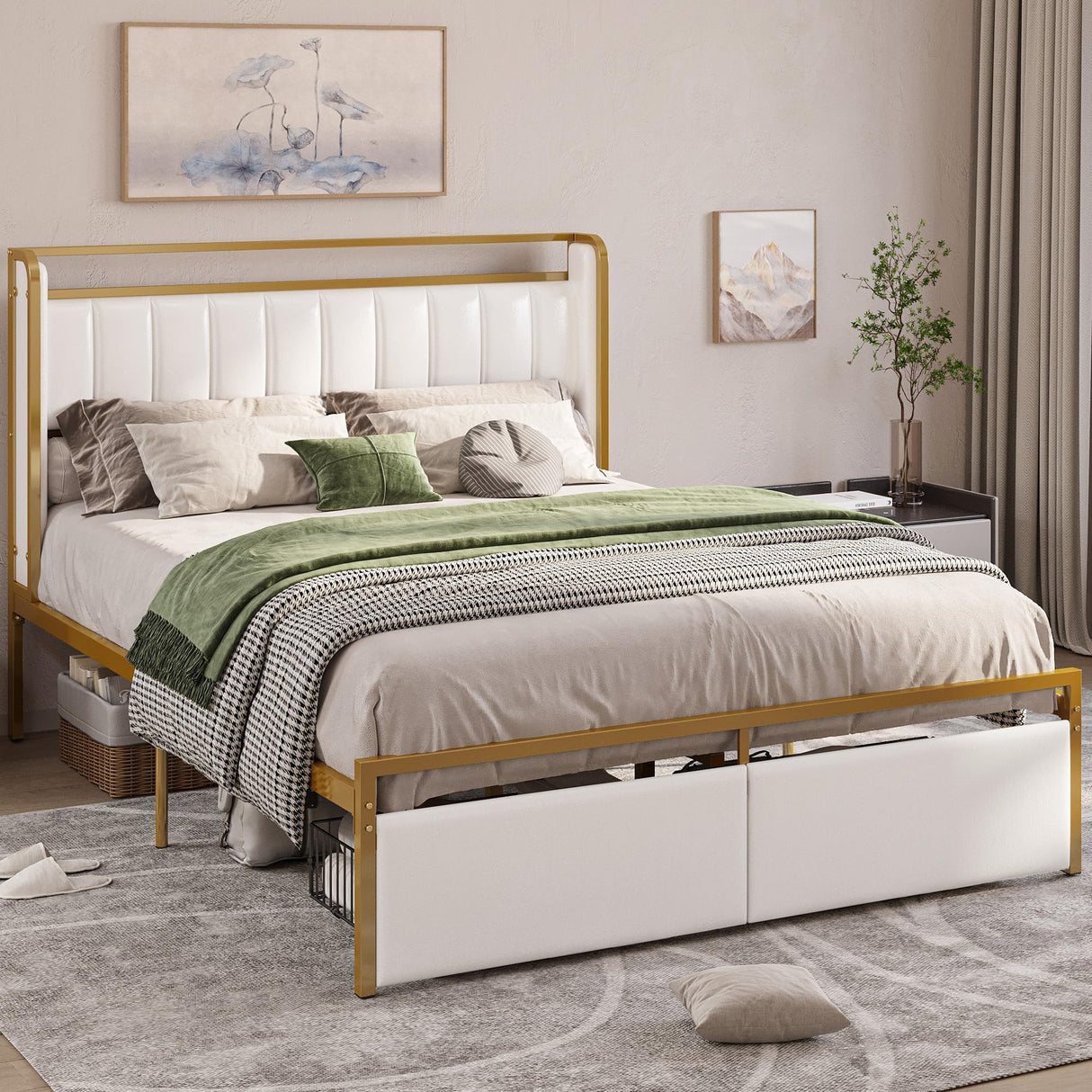 LIKIMIO Queen Bed Frame with Armrests Headboard & RGB Light, Upholstered Queen Size Bed Platform with Drawers, No Box Spring Needed, Study & No Noise, Modern Gold and White LIKIMIO