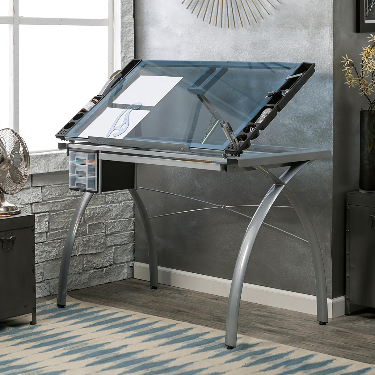 SD STUDIO DESIGNS Futura Crafting, Drafting, Drawing Adjustable Top Hobby Table Writing Studio Art Desk with Drawers, 38''W x 24''D, Tempered, Silver/Blue Glass SD STUDIO DESIGNS