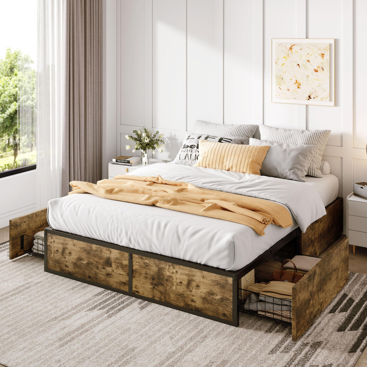 SHA CERLIN Queen Platform Bed Frame with 2 Large Storage Drawers, Rustic Wood and Metal, Noise-Free, Easy Assembly, No Box Spring Needed, Brown SHA CERLIN