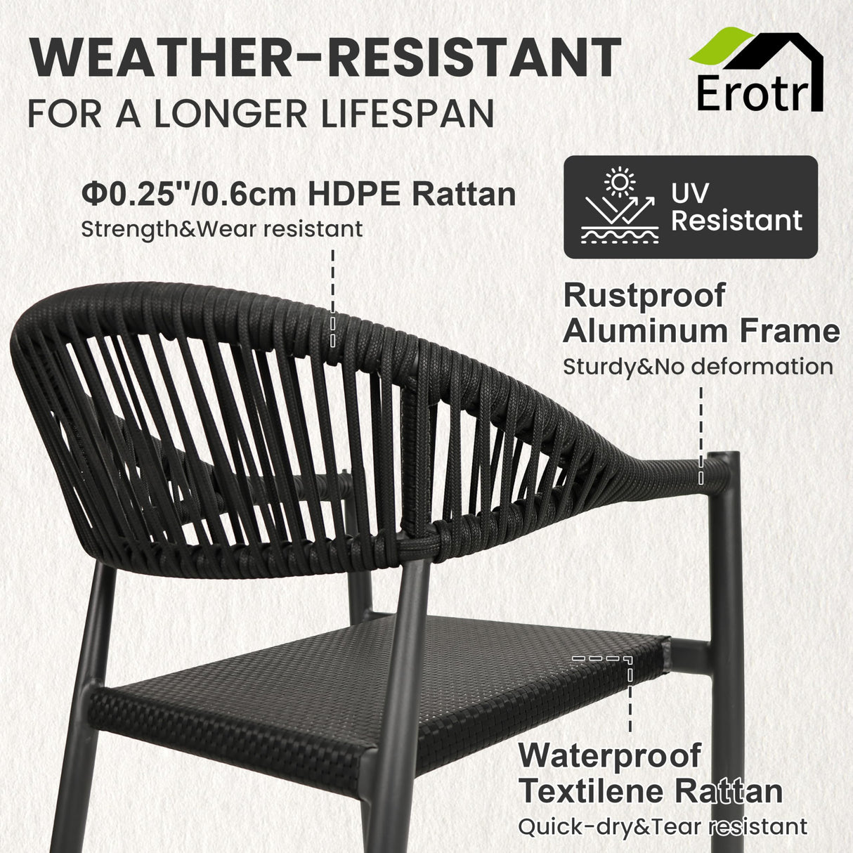 Erotr 8 Pcs Stackable Dining Chairs, Aluminum Rattan Outdoor Dining Chair with Arms, Woven Rope Patio Armchair Metal No Assembly for Bistro Garden Balcony Porch Deck Yard Cafe Restaurant, Black Erotr