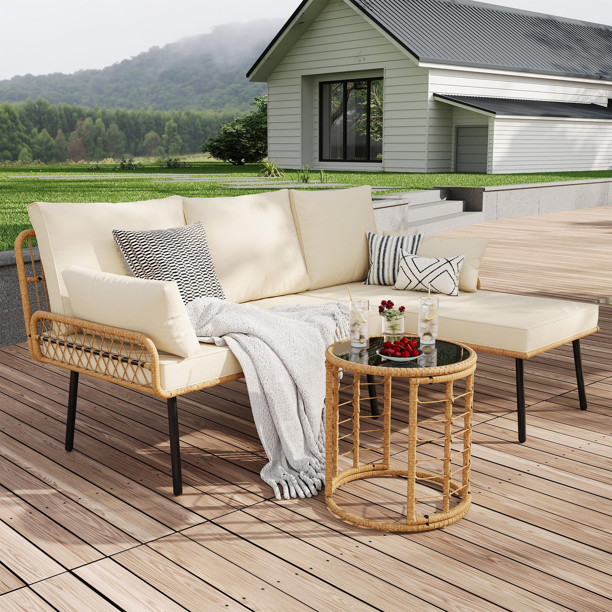 IDEALHOUSE 3-Piece Patio Furniture Set, All Weather Rattan Sofa with Tempered Glass Coffee Table and Thick Cushions, Sectional L-Shaped Patio Furniture for Deck, Poolside, Backyard, or Porch, Beige IDEALHOUSE