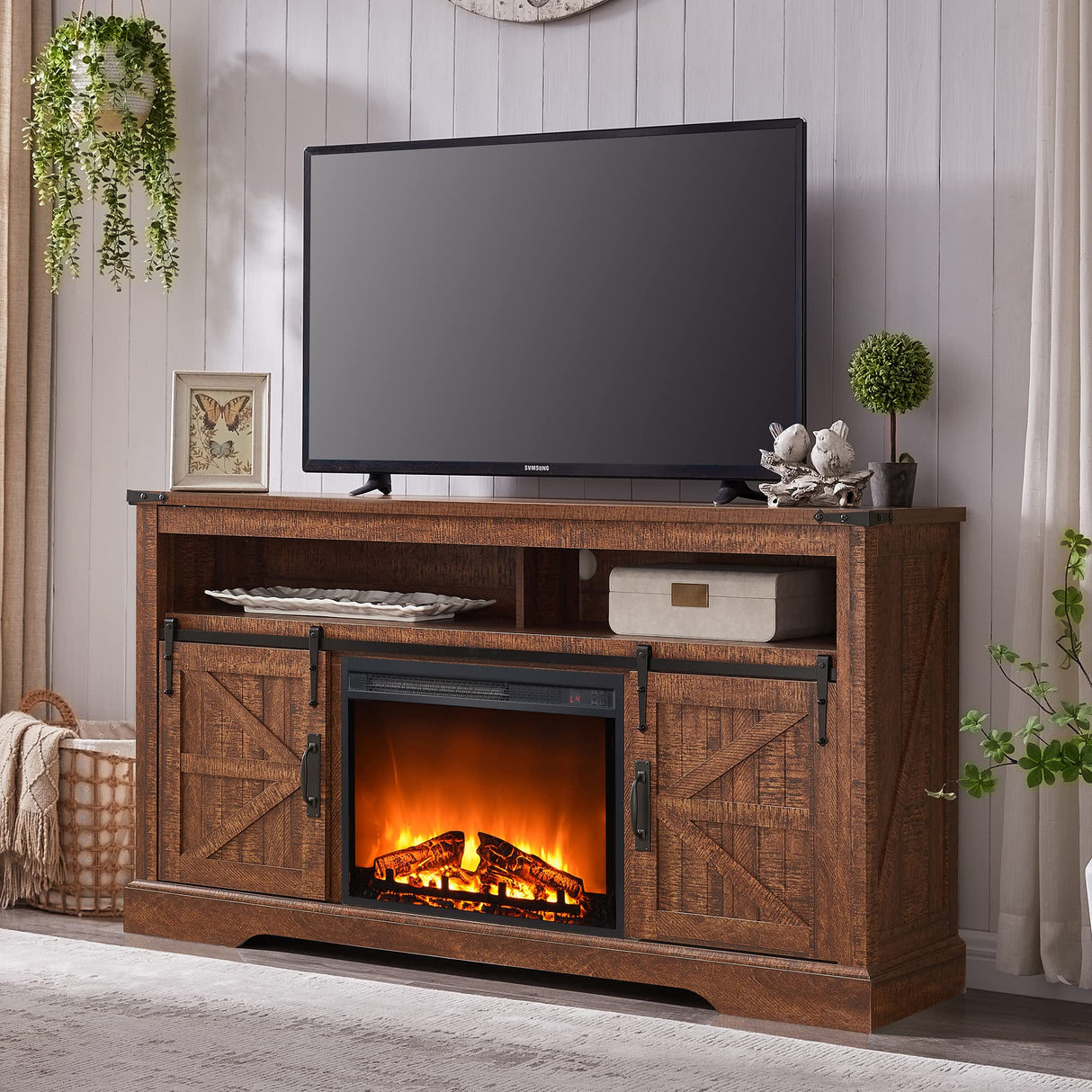 OKD Fireplace TV Stand for 65+ Inch TV, 33" Tall Highboy Farmhouse Entertainment Center w/ 23'' Electric Fireplace, Rustic Media Console w/Sliding Barn Door for Living Room, Reclaimed Barnwood Color OKD