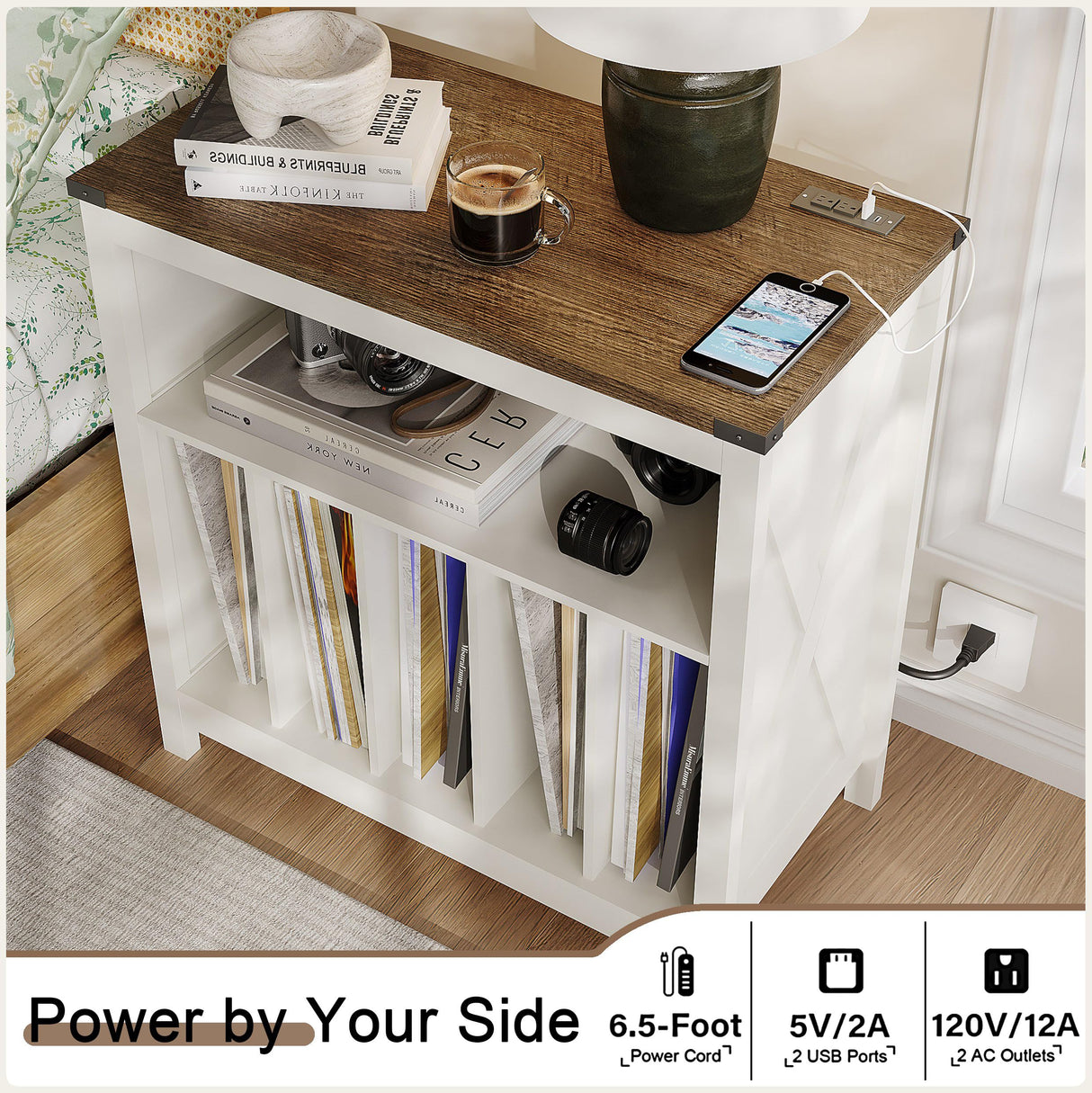 ChooChoo Large Record Player Stand with Charging Station & LED Light, Vinyl Record Holder hold up to 300 Albums, Farmhouse End Table for Bedroom, Living Room, Soft White ChooChoo