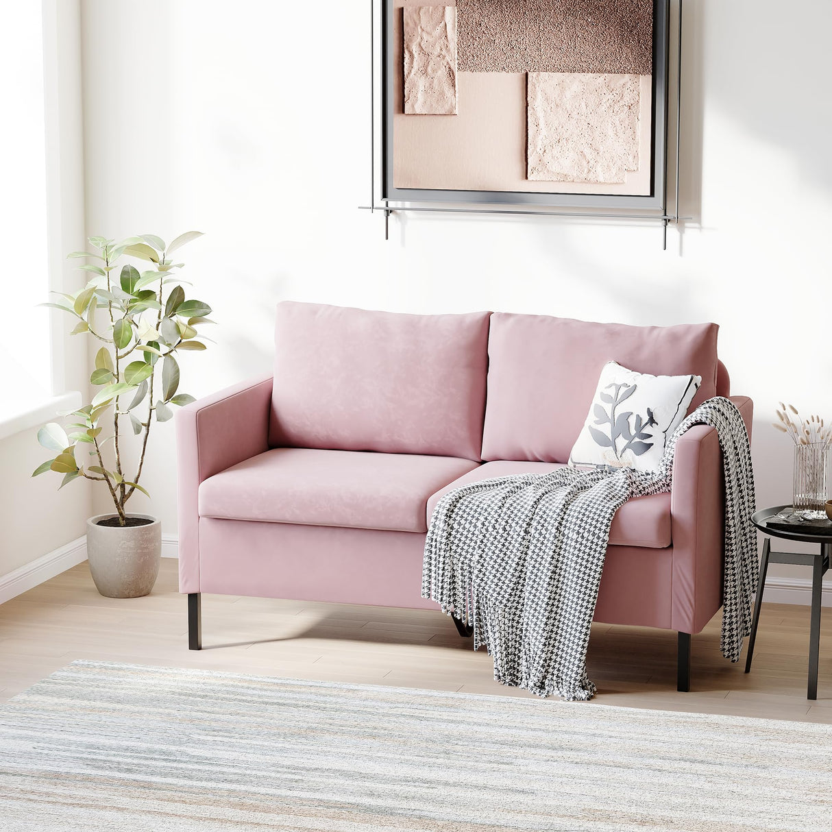 TYBOATLE Sofa Couch Mid Century Modern Small Loveseat for Living Room, 51" W Mini Little Upholstered 2-Seater Love Seats w/Iron Legs for Compact Small Space, Apartment, Bedroom, Dorm, Office (Pink) TYBOATLE